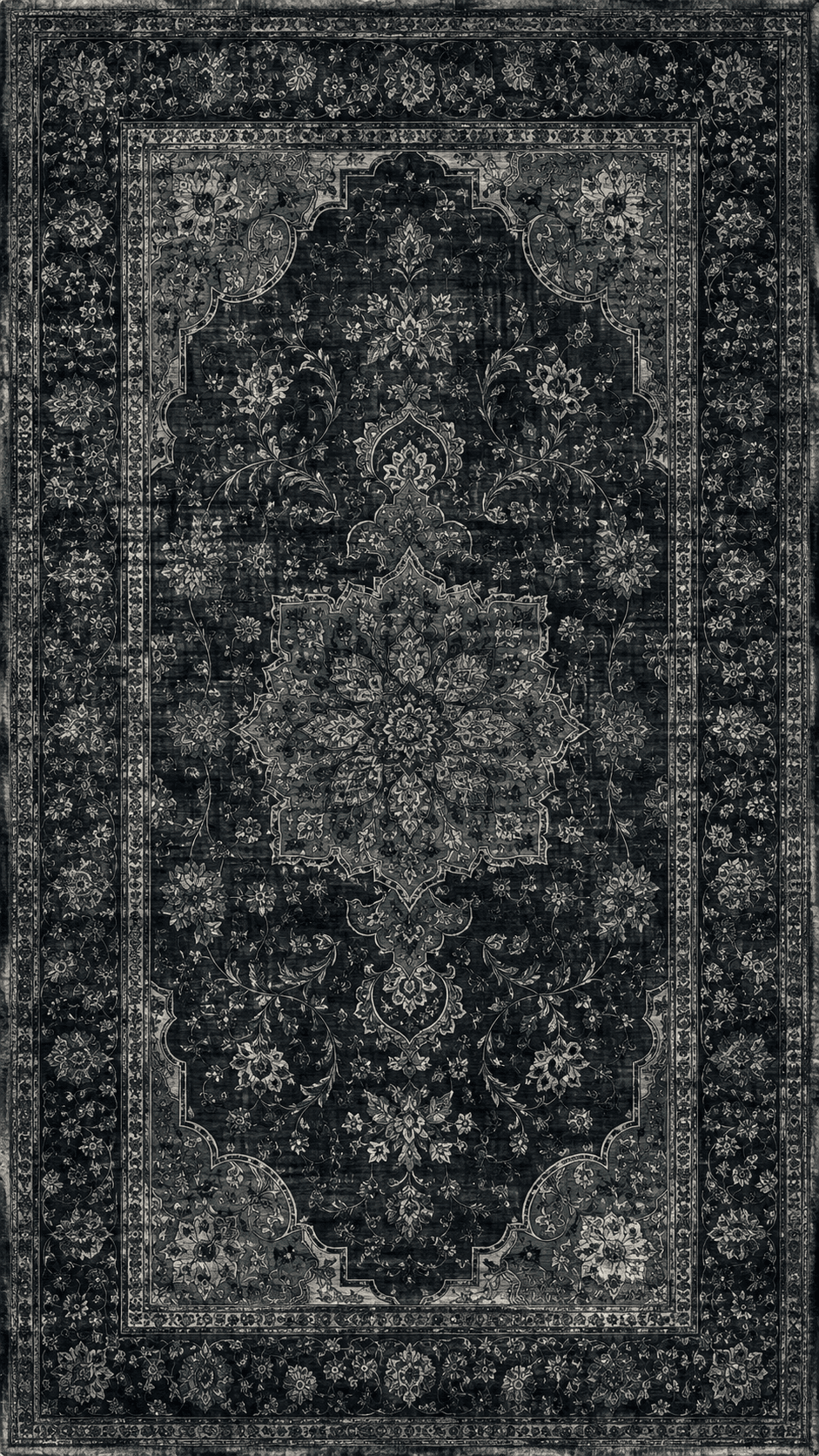Weathered ornamental textile in charcoal tones